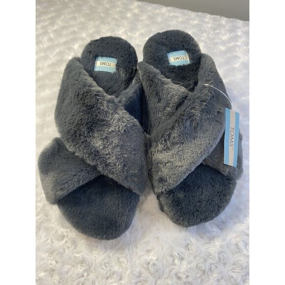 Toms Susie Womens Dark Natural Forged Iron Faux Fur Slippers Open Toe Size 10 - Picture 1 of 5